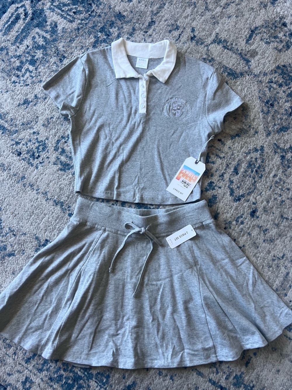 April Kiss Gray Two-Piece Set - Embroidered Crest